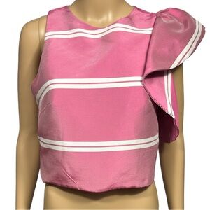 MNG Ruffled Blouse Size 6 Pink/White Striped Cropped Glam Special Occasion Top